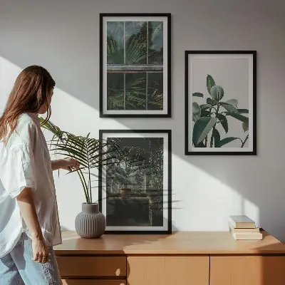 Three-piece wall art set green leaves on the window plant print
