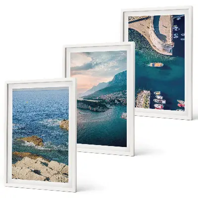 Set of 3 framed wall art pieces featuring sea views, cliffs, and ports