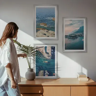 Set of 3 framed wall art pieces featuring sea views, cliffs, and ports