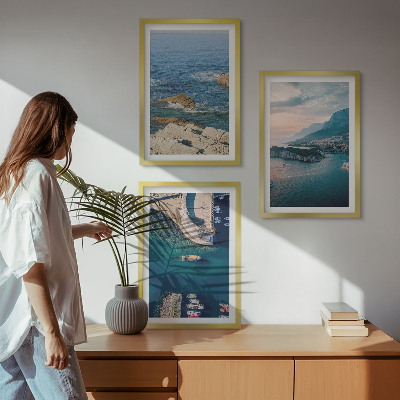 Set of 3 framed wall art pieces Sea views, cliffs, ports