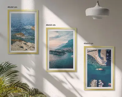 Set of 3 framed wall art pieces featuring sea views, cliffs, and ports