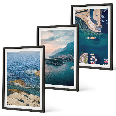 Set of 3 framed wall art pieces Sea views, cliffs, ports