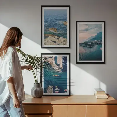 Set of 3 framed wall art pieces featuring sea views, cliffs, and ports