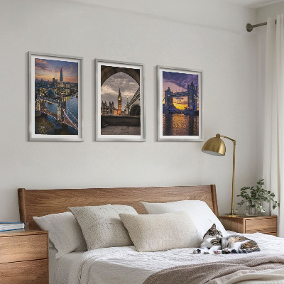 Three-piece wall art piece City bridges clock towers