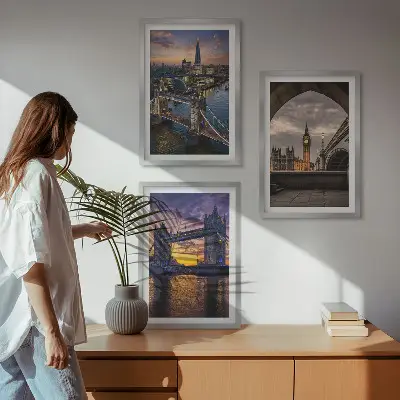 Three-piece city bridges and clock towers wall art set three-piece wall art set