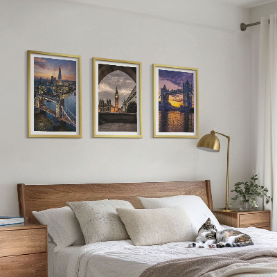 Three-piece wall art piece City bridges clock towers