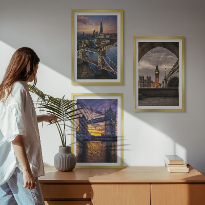 Three-piece wall art piece City bridges clock towers