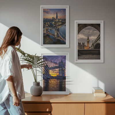 Three-piece wall art piece City bridges clock towers