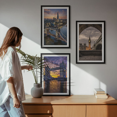 Three-piece wall art piece City bridges clock towers