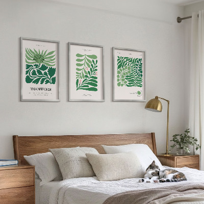 Set of 3 framed wall art pieces Green leaf plant shapes
