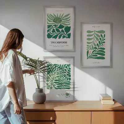 Green leaf shaped wall art set of 3 framed pieces