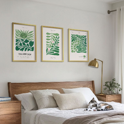 Set of 3 framed wall art pieces Green leaf plant shapes