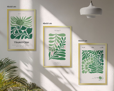 Set of 3 framed wall art pieces Green leaf plant shapes