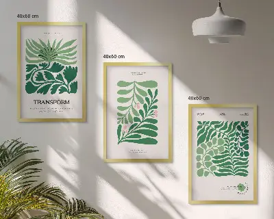 Green leaf shaped wall art set of 3 framed pieces