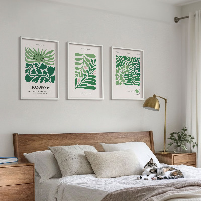Set of 3 framed wall art pieces Green leaf plant shapes
