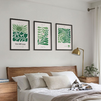 Set of 3 framed wall art pieces Green leaf plant shapes