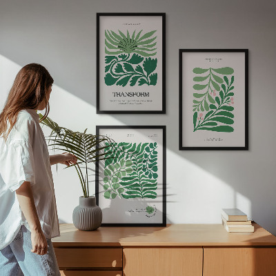 Set of 3 framed wall art pieces Green leaf plant shapes