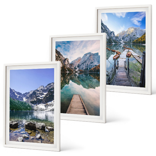 Three-piece wall art piece Mountains, lakes, wooden piers