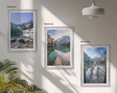 Three-piece wall art set mountains, lakes, and wooden piers