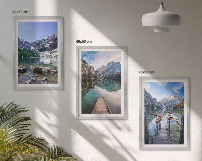 Three-piece wall art piece Mountains, lakes, wooden piers