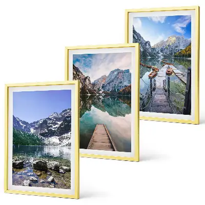 Three-piece wall art set mountains, lakes, and wooden piers