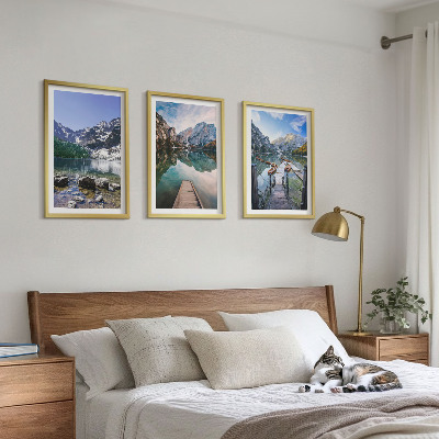 Three-piece wall art piece Mountains, lakes, wooden piers