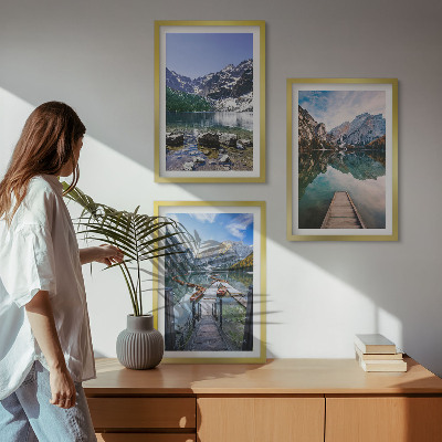 Three-piece wall art piece Mountains, lakes, wooden piers