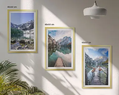 Three-piece wall art set mountains, lakes, and wooden piers