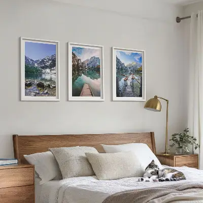 Three-piece wall art set mountains, lakes, and wooden piers