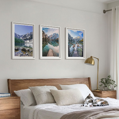 Three-piece wall art piece Mountains, lakes, wooden piers