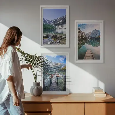 Three-piece wall art set mountains, lakes, and wooden piers