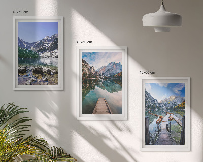 Three-piece wall art piece Mountains, lakes, wooden piers
