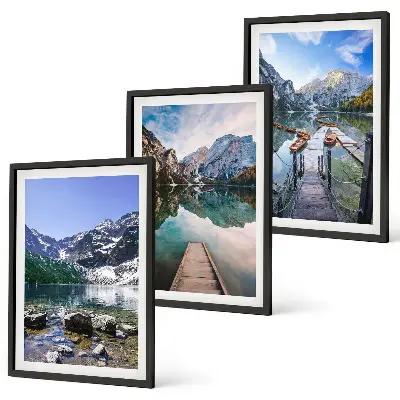Three-piece wall art set mountains, lakes, and wooden piers