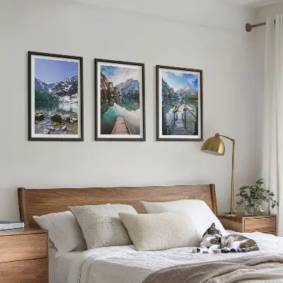 Three-piece wall art set mountains, lakes, and wooden piers