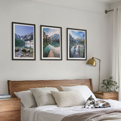 Three-piece wall art piece Mountains, lakes, wooden piers