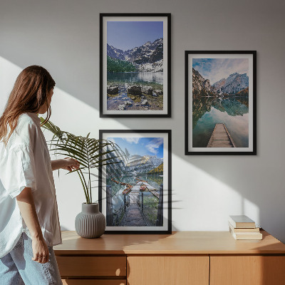 Three-piece wall art piece Mountains, lakes, wooden piers