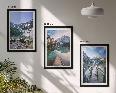Three-piece wall art piece Mountains, lakes, wooden piers