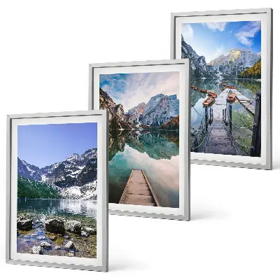 Three-piece wall art set mountains, lakes, and wooden piers