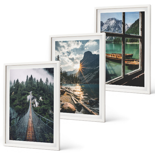 Set of 3 framed wall art pieces Bridge, forest, lake, boats, mountains