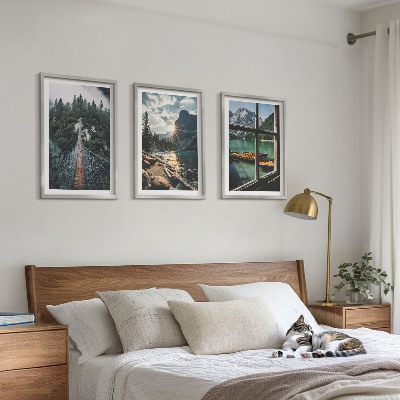 Set of 3 framed wall art pieces Bridge, forest, lake, boats, mountains