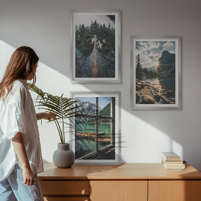 Set of 3 framed wall art pieces Bridge, forest, lake, boats, mountains