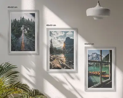 Set of 3 framed wall art pieces featuring a bridge, forest, lake, boats, and mountains