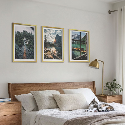 Set of 3 framed wall art pieces Bridge, forest, lake, boats, mountains