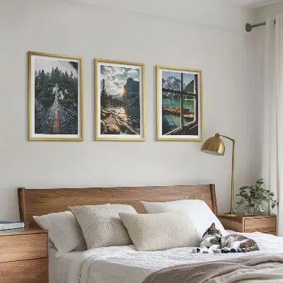 Set of 3 framed wall art pieces featuring a bridge, forest, lake, boats, and mountains