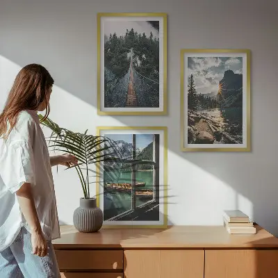 Set of 3 framed wall art pieces featuring a bridge, forest, lake, boats, and mountains