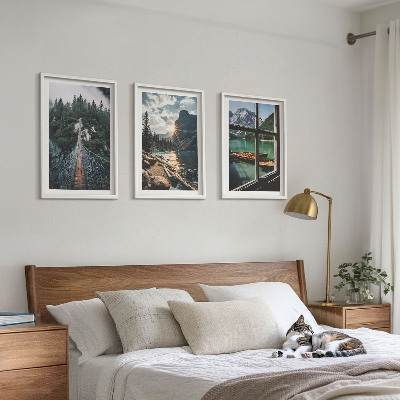 Set of 3 framed wall art pieces Bridge, forest, lake, boats, mountains