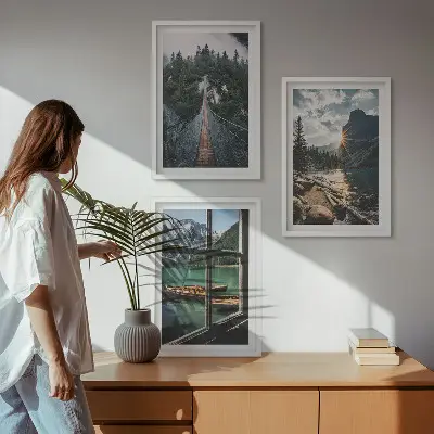 Set of 3 framed wall art pieces featuring a bridge, forest, lake, boats, and mountains