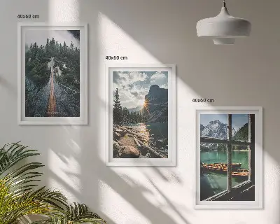 Set of 3 framed wall art pieces featuring a bridge, forest, lake, boats, and mountains