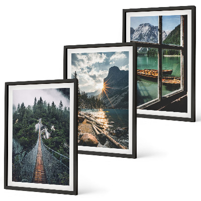 Set of 3 framed wall art pieces Bridge, forest, lake, boats, mountains
