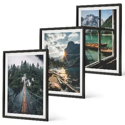 Set of 3 framed wall art pieces featuring a bridge, forest, lake, boats, and mountains